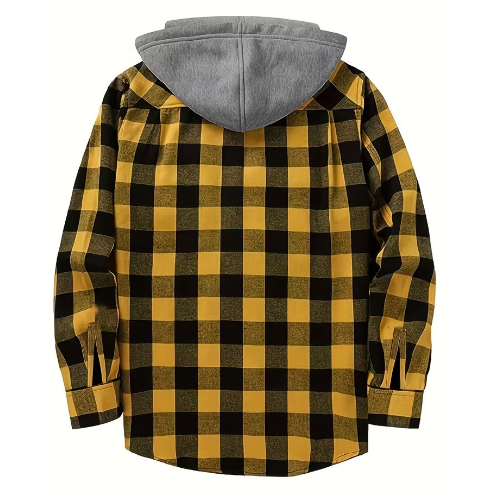 Plaid Hooded Jacket With Button Front And Long Sleeves