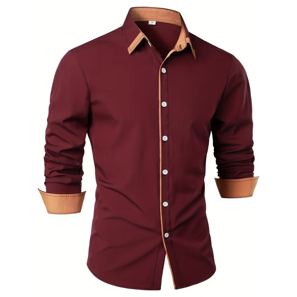 Casual Long Sleeve Shirt With Contrast Color Statement Trim For Men