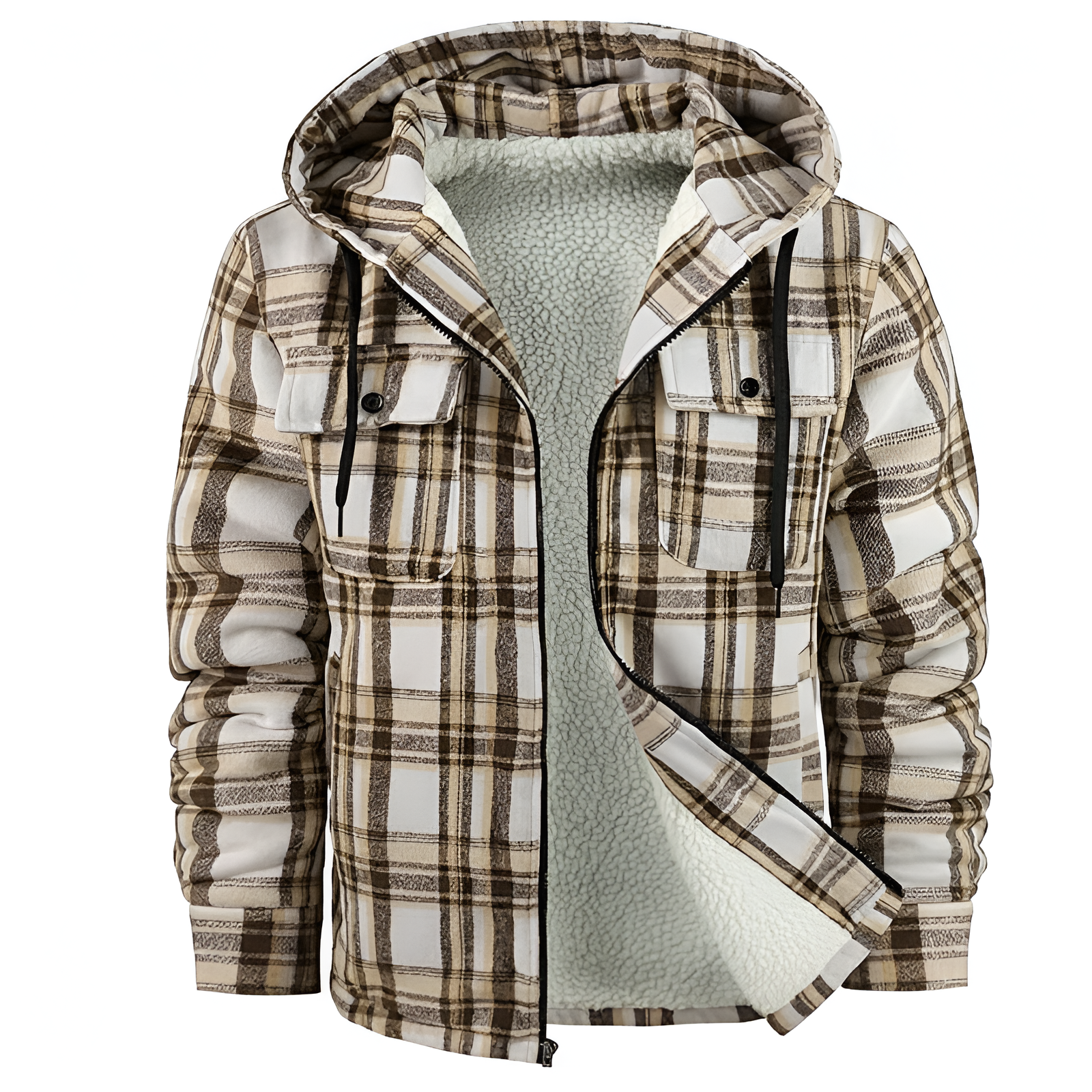Plaid Sherpa Lined Hooded Flannel Jacket for Men