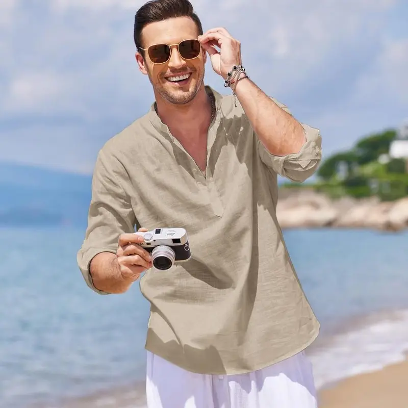 Casual Stand Collar Long Roll Up Sleeve Button Down Shirt For Men