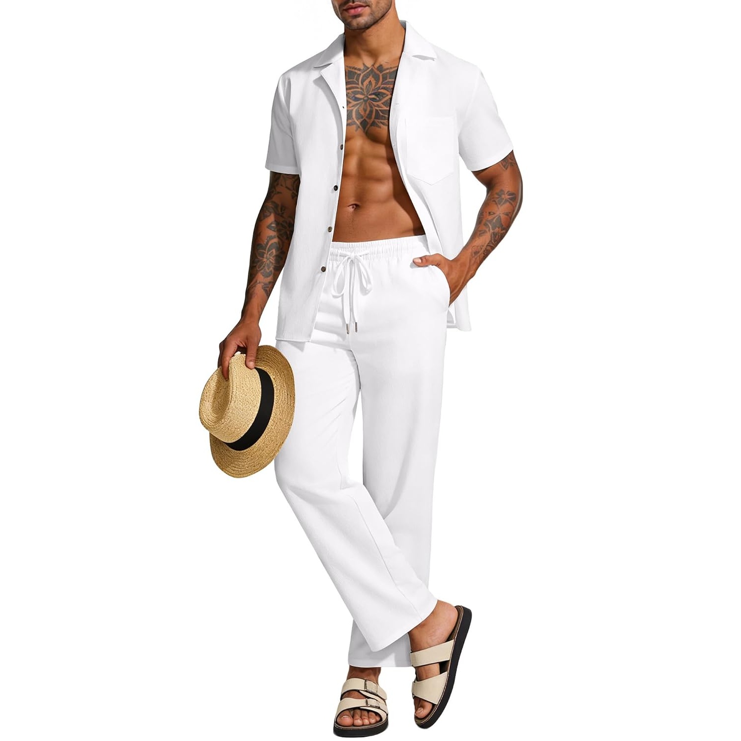 Casual Linen Summer Beach Shirt And Pant Set For Men