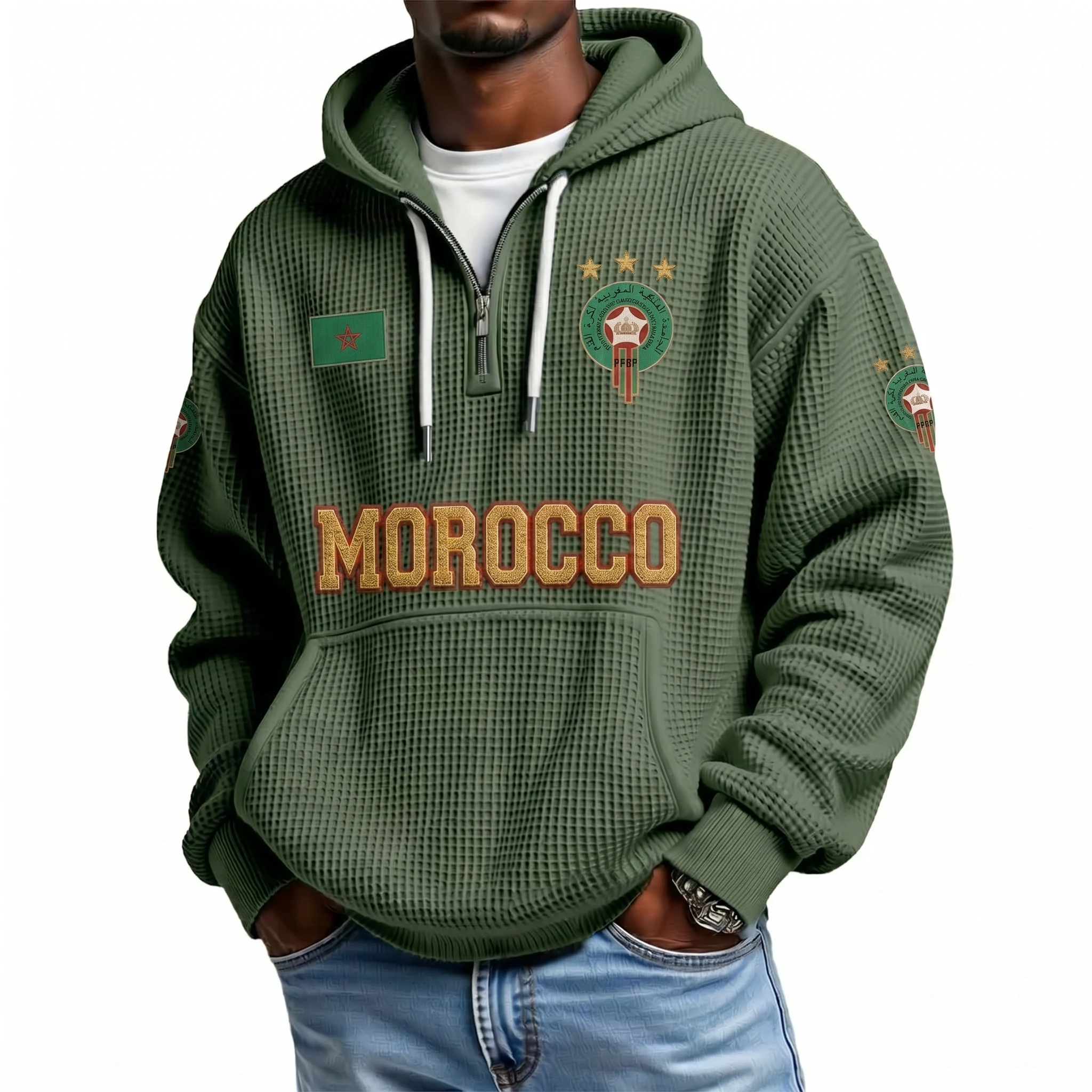 Morocco Printed Waffle Quarter Zip Football Fan Hoodie