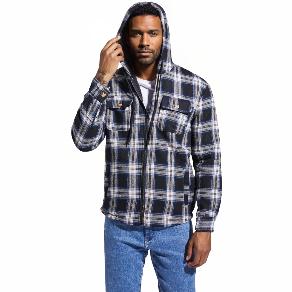 Men's Flannel Plaid Hooded Jackets Sherpa Fleece Lined Hoodies Fashion Warm Coat