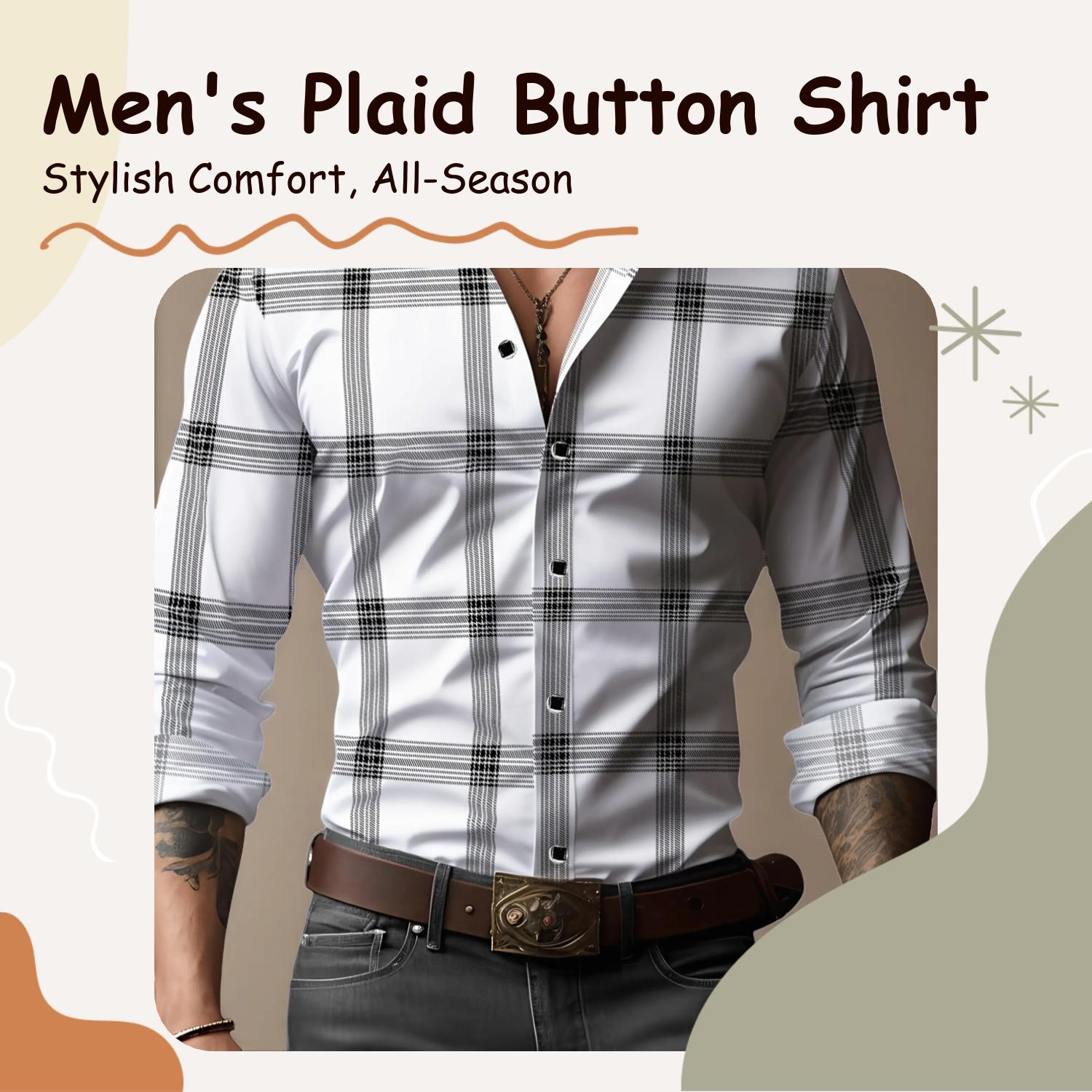 Men's Plaid Checkered Print Checked Button Closure Shirt, Casual Button Down, Regular Fit Fitted Casual Long Sleeve Collared Top for All Seasons, Men's Clothes for Daily Wear, Casual Style