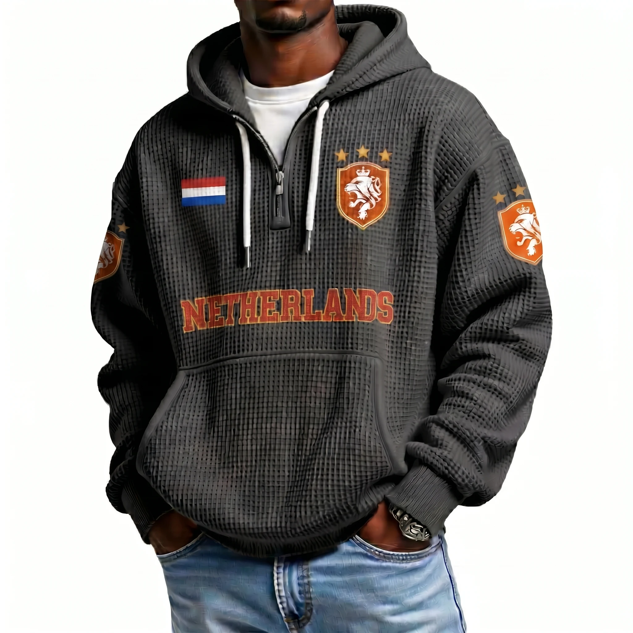 Netherlands Printed Waffle Quarter Zip Football Fan Hoodie