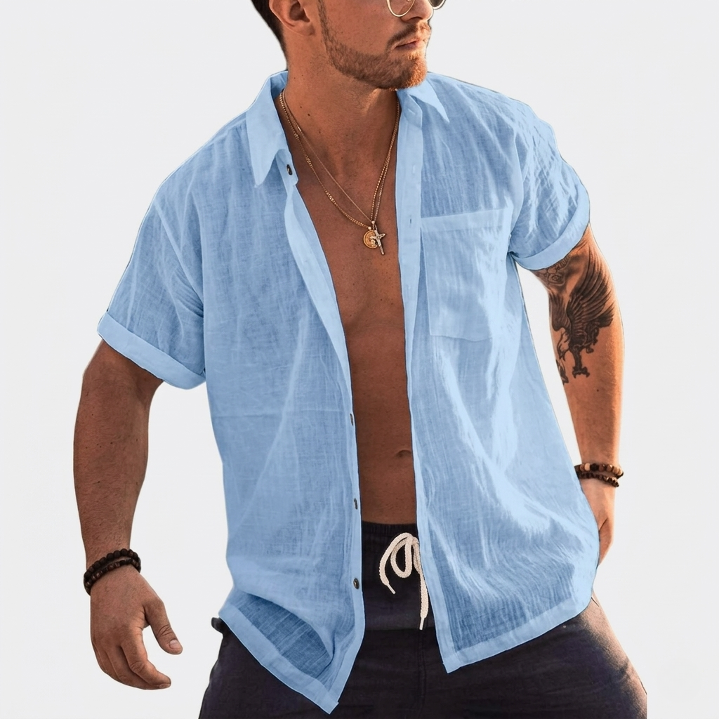 Short Sleeve Button Up Summer Shirt With Pocket For Men