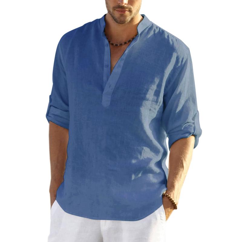 Casual Stand Collar Long Roll Up Sleeve Button Down Shirt For Men