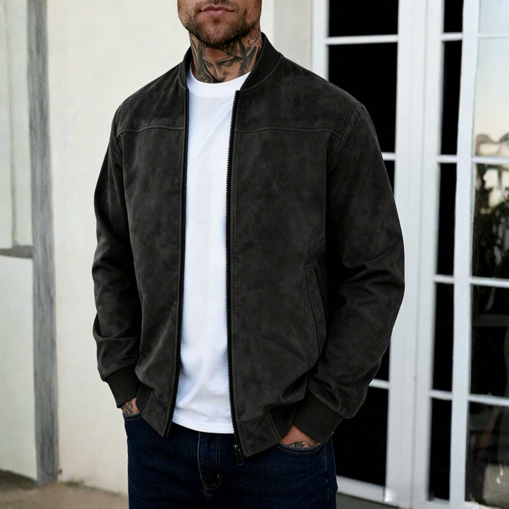 Suede Bomber Jacket With Full Zip Stand Collar For Men
