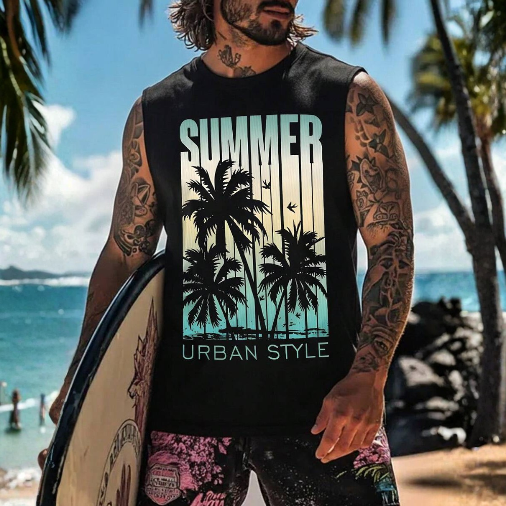 Coastal Summer Vacation Tree Print Tank Top For Men