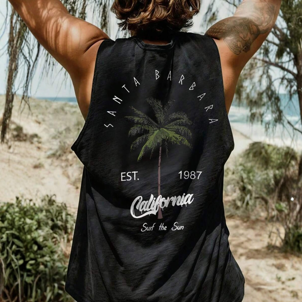 Coconut Tree Letter Print Casual Tank Top For Men