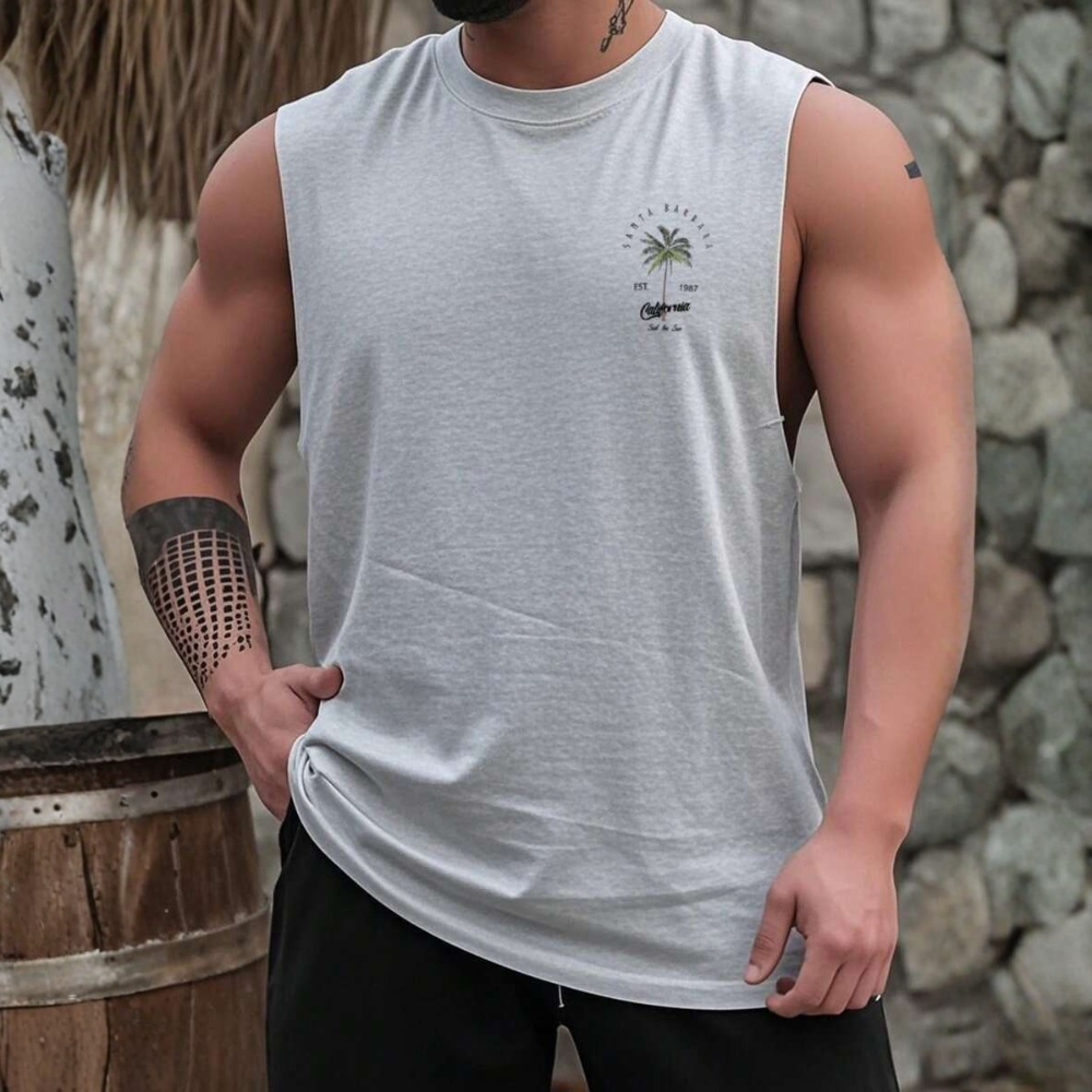 Coconut Tree Letter Print Casual Tank Top For Men
