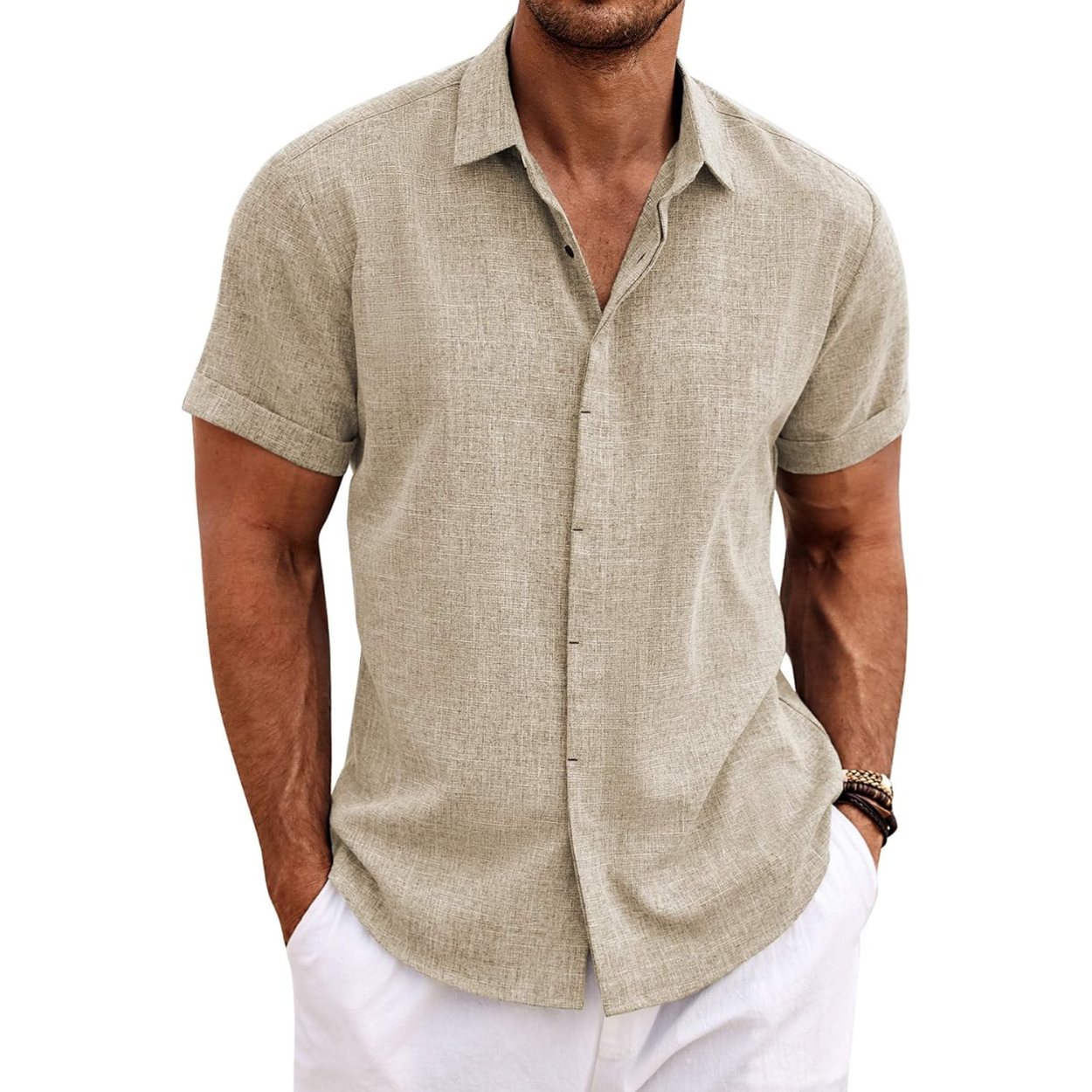 Casual Short Sleeve Linen Button Up Beach Shirt