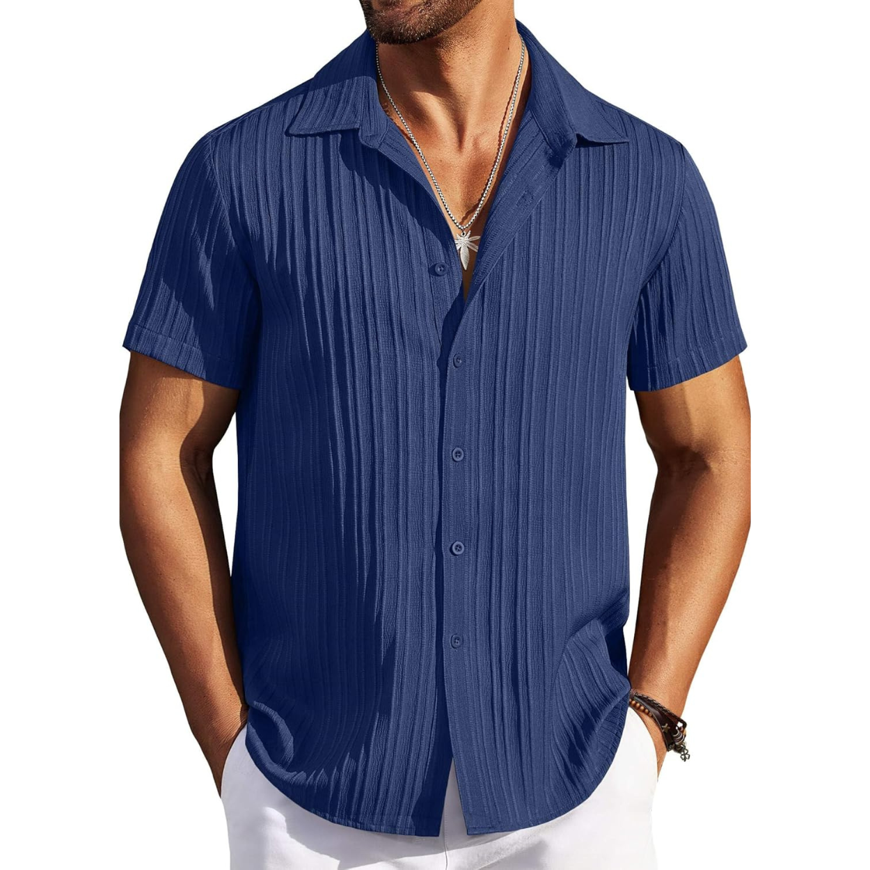 Casual Short Sleeve Textured Button Down Summer Beach Shirt For Men 