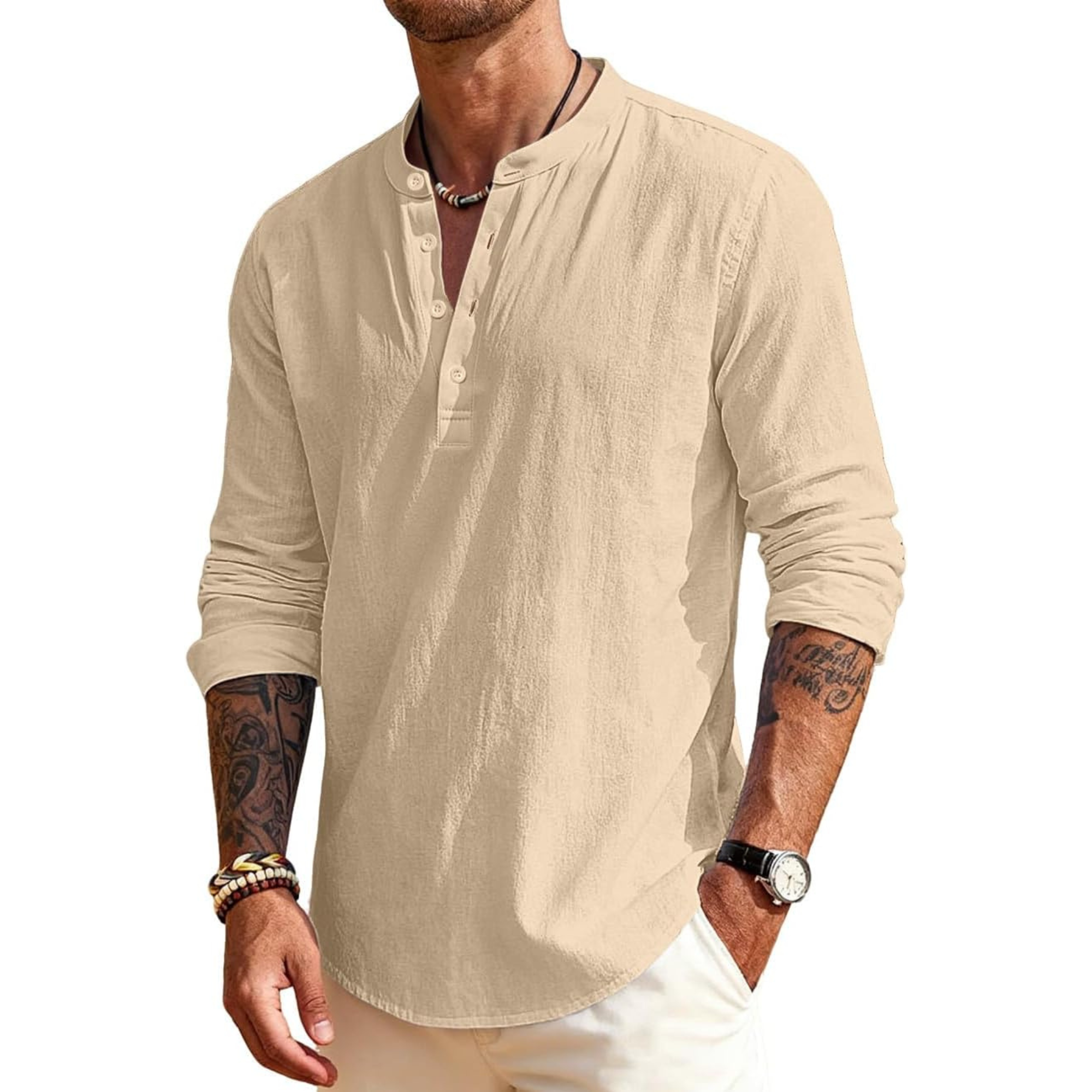 Linen Henley Long Sleeve Casual Beach Shirts