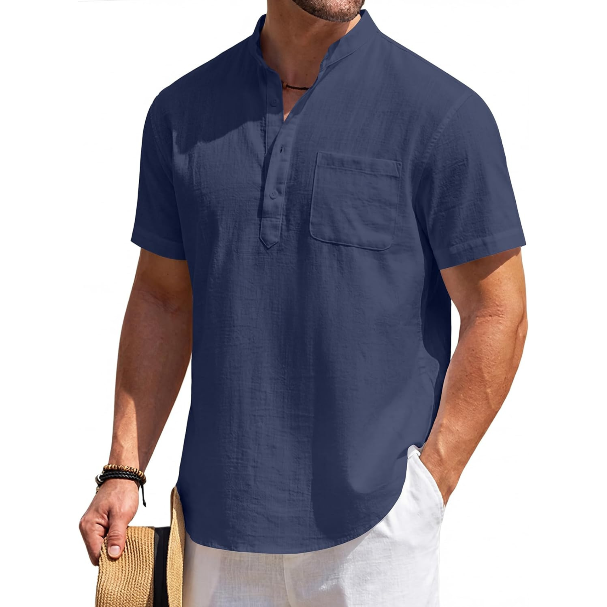 Casual Linen Henley Beach Shirt With Pocket