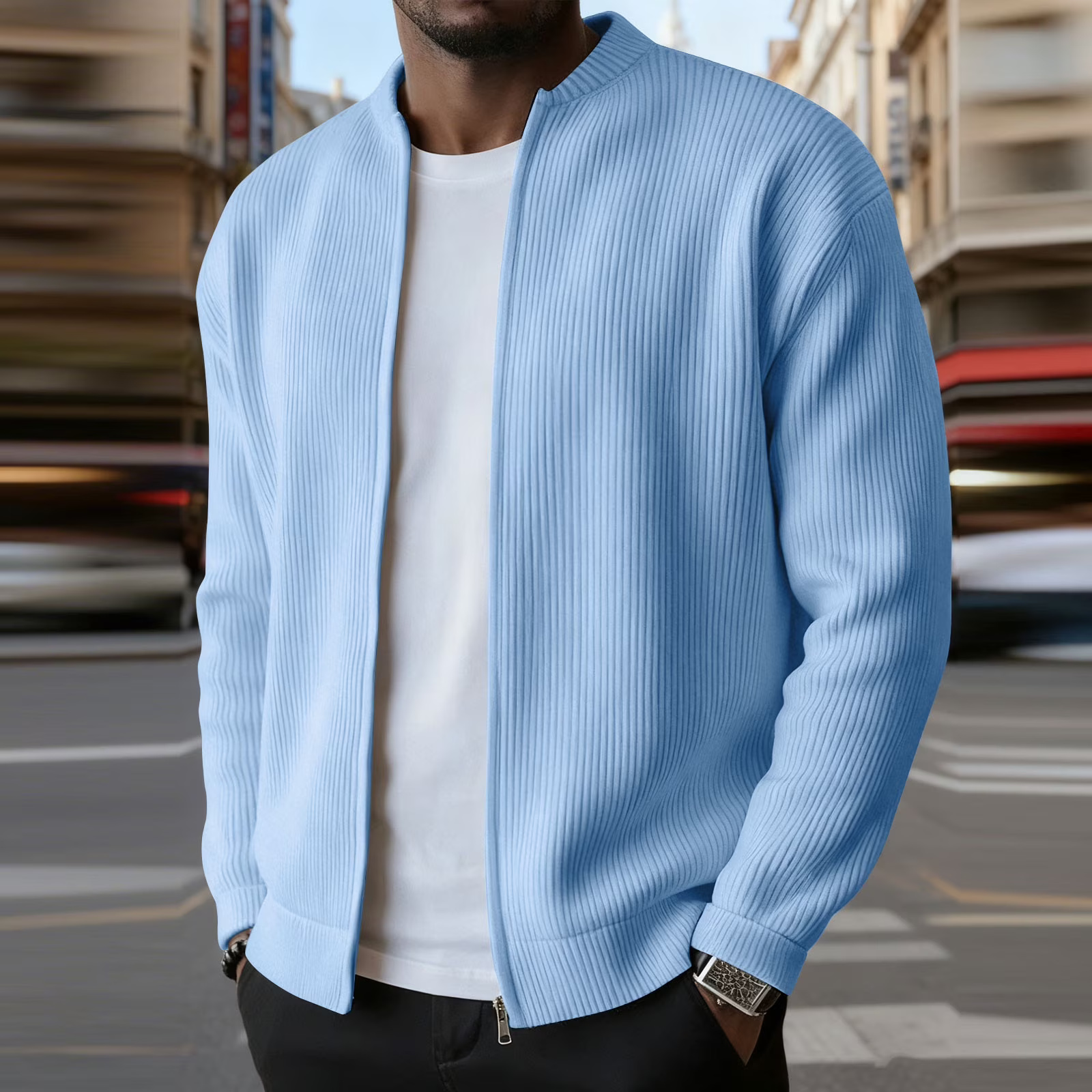 Casual Ribbed Zip Cotton Bomber Jacket for Men
