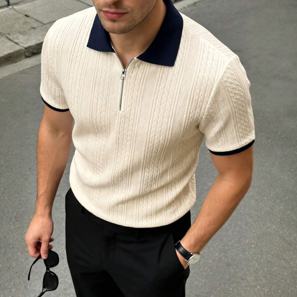 Summer Jacquard Half Zip Contrast Collar Polo Shirt