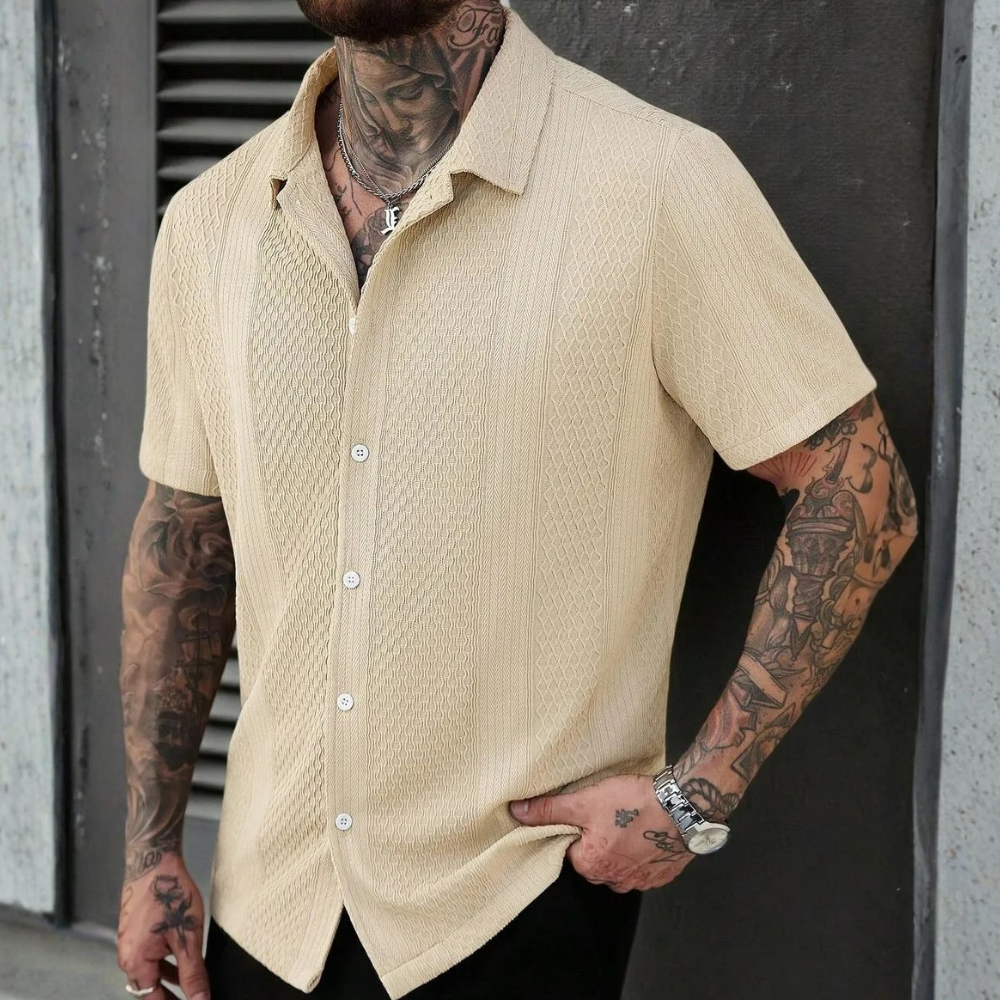 Solid Jacquard Knit Short Sleeve Shirt For Men