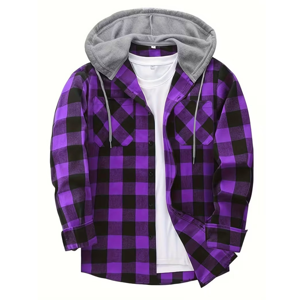 Plaid Hooded Jacket With Button Front And Long Sleeves