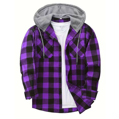Plaid Hooded Jacket With Button Front And Long Sleeves