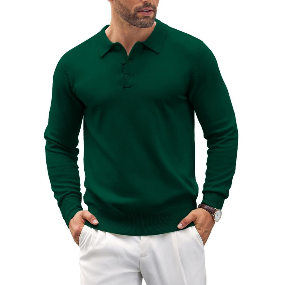 Long Sleeve Front Buttoned Knit Polo Shirt For Men