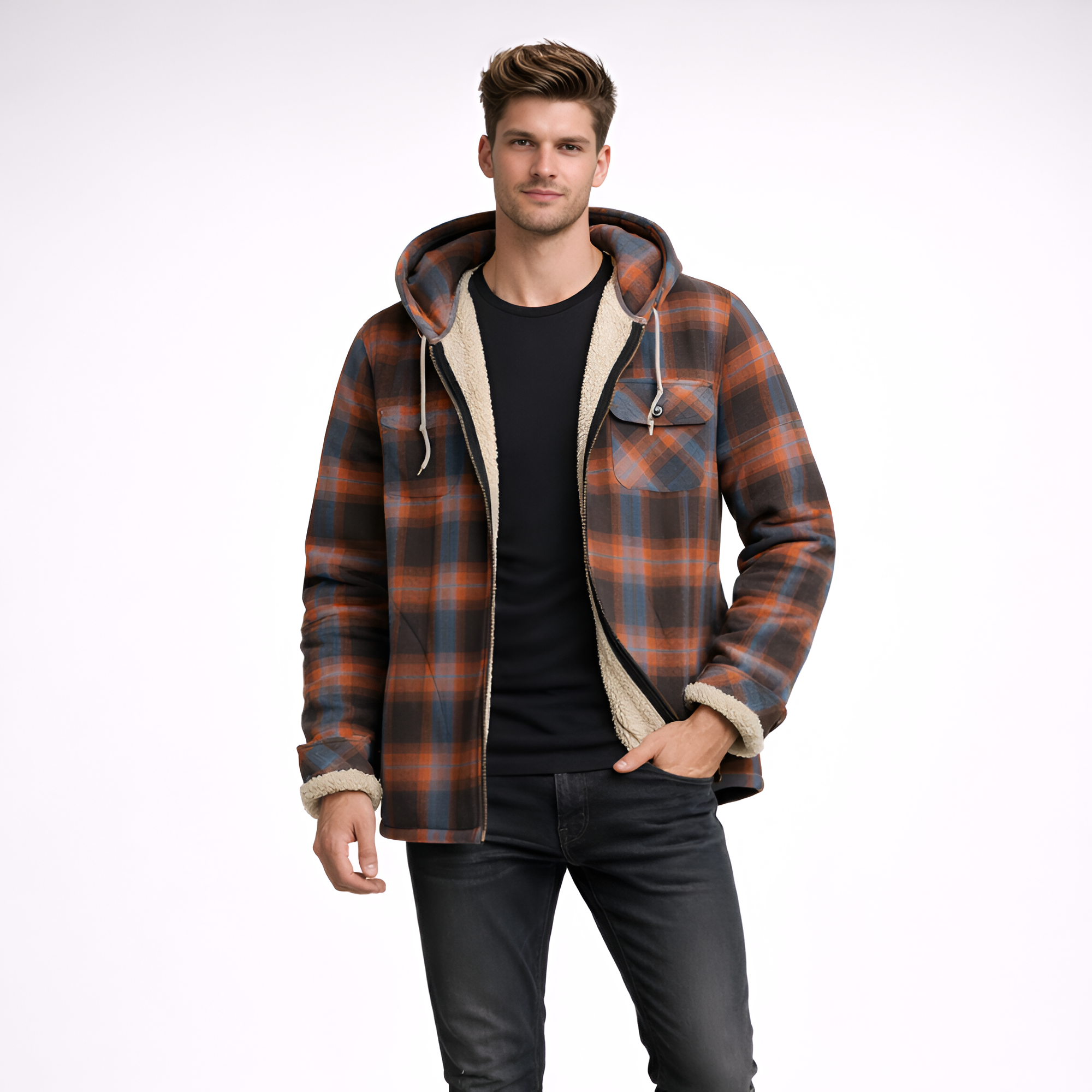 Plaid Fleece Lined Full Zip Flannel Jacket With Hood For Men