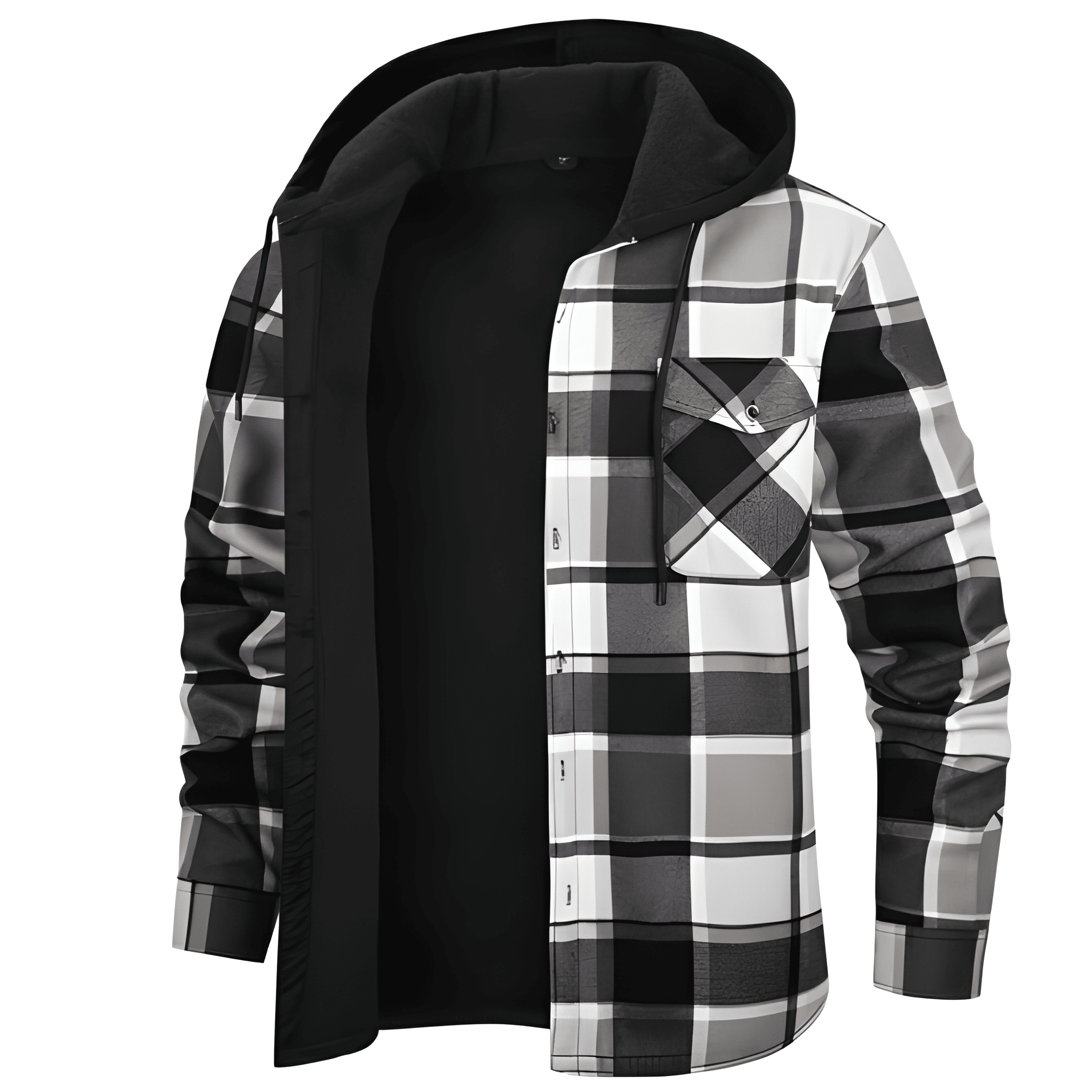 Thermal Lined Fleece Jacket With Hood And Plaid Design For Men