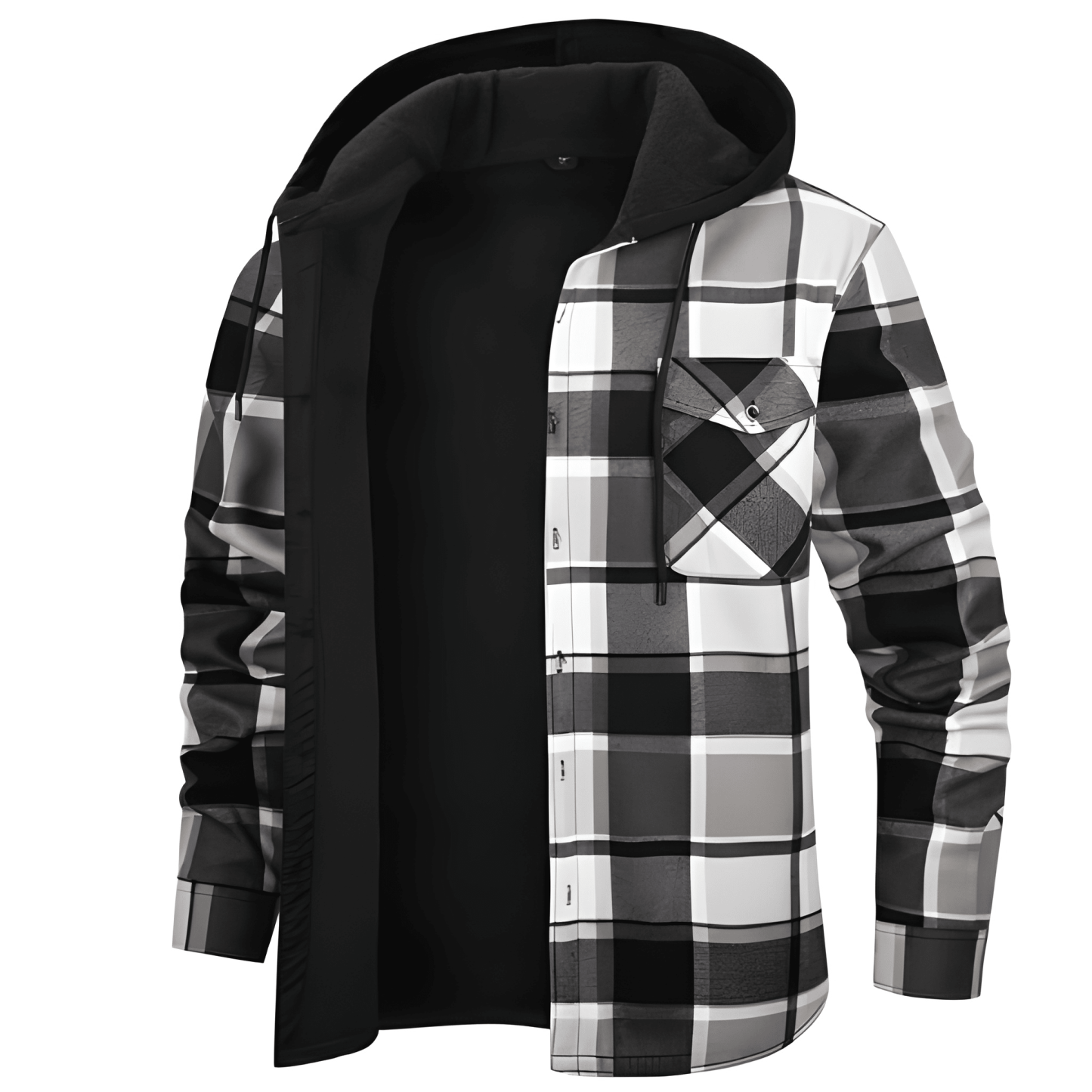 Thermal Lined Fleece Jacket With Hood And Plaid Design For Men