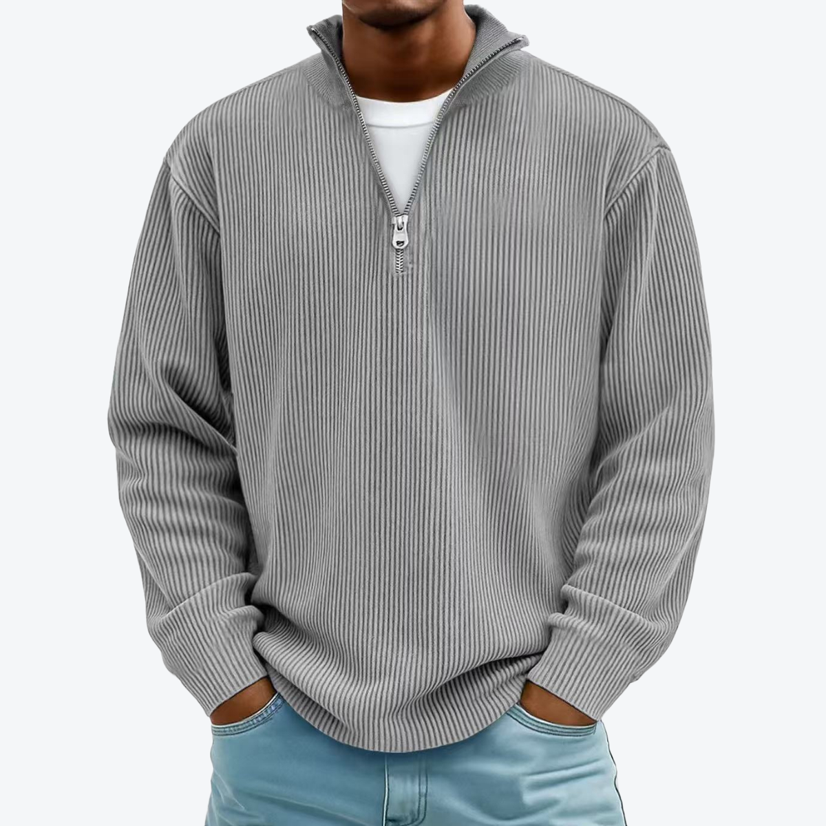 Men Corduroy Zipper Stand Collar Sweatshirt
