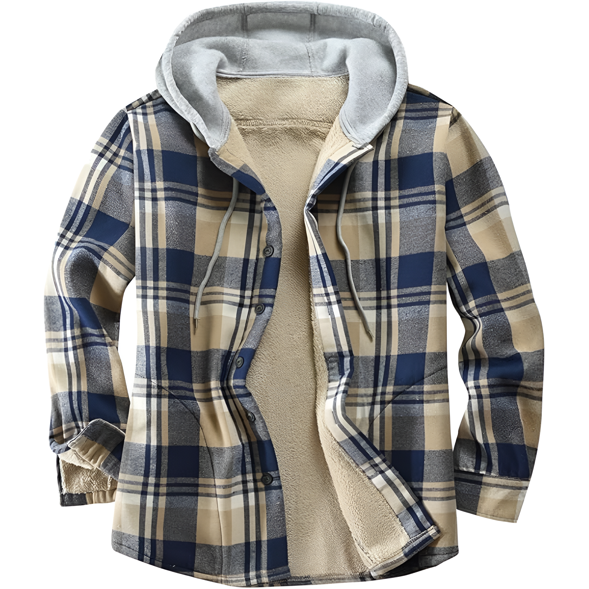 Men's Cotton Plaid Shirts Jacket Fleece Lined Flannel Shirts Sherpa Button Down Jackets with Hood for Men