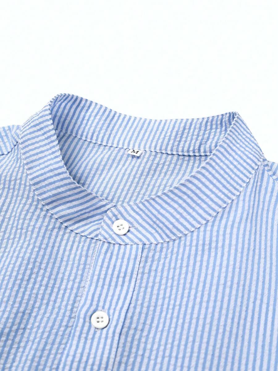 GloMan Men's Linen Blend Half-Placket Shirt, Lightweight Breathable Long Sleeve Casual Loose Fit Vacation Shirt, Suitable For Holiday, Party, Office Wear, Unique Casual Gift For Men, Blue - Blue - View 5