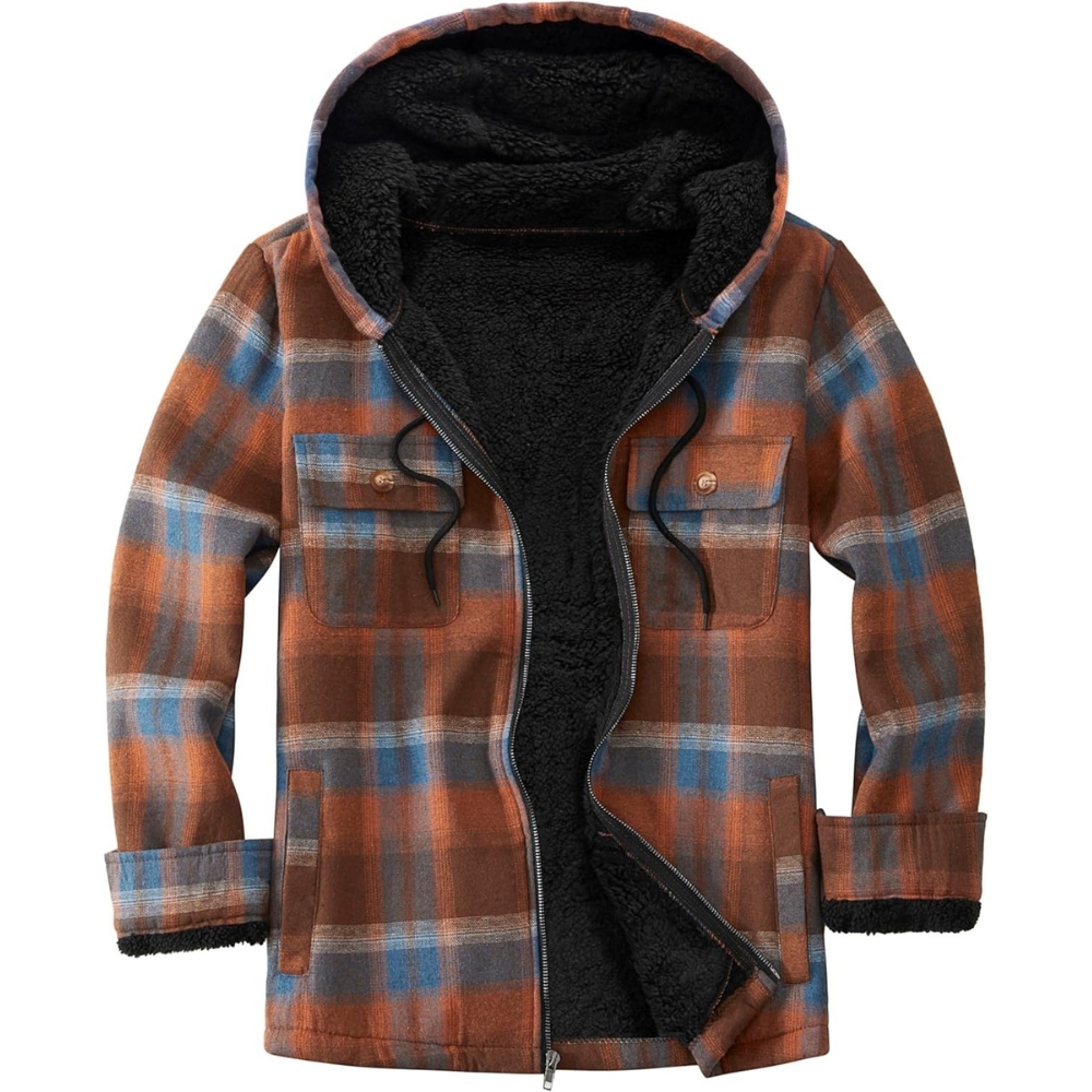 Men's Flannel Plaid Hooded Jackets Sherpa Fleece Lined Hoodies Fashion Warm Coat