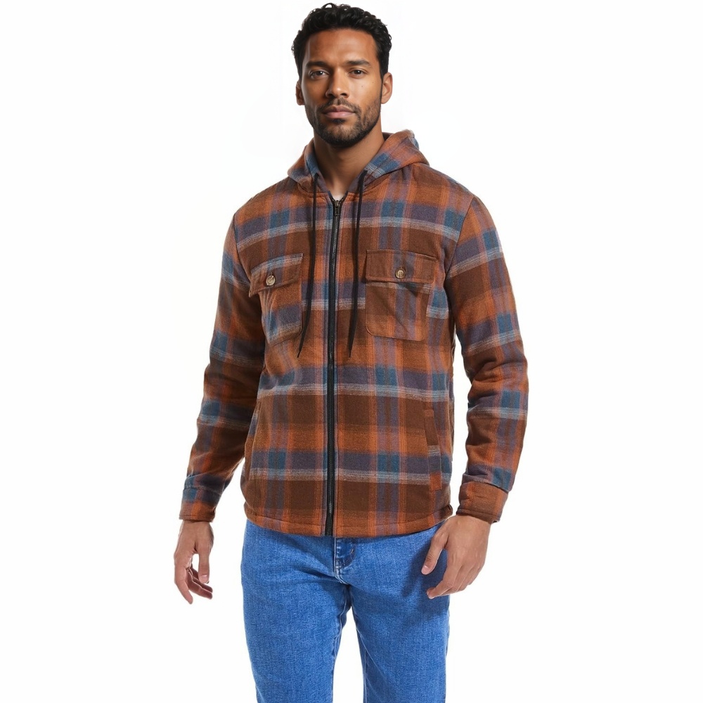 Men's Flannel Plaid Hooded Jackets Sherpa Fleece Lined Hoodies Fashion Warm Coat