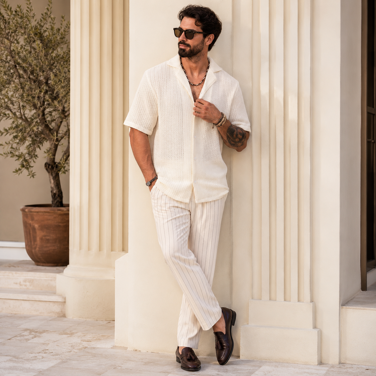 Summer Mesh Shirt With Crochet Design And Button Down Style For Men
