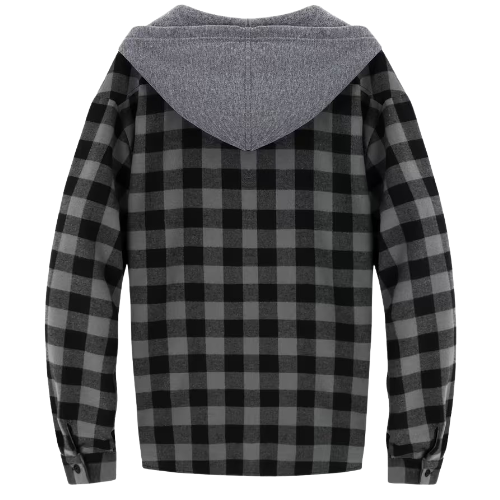 Plaid Hooded Jacket With Button Front And Long Sleeves