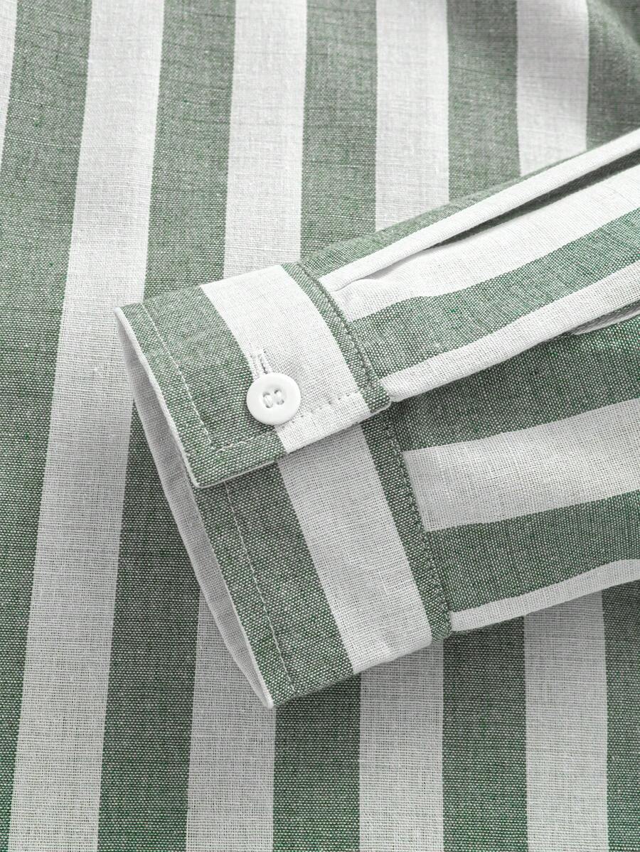 Fashionable Striped Men's Shirt, Summer Casual Long Sleeve Button-Up Collared Shirt, Versatile For Dates, Beach, Vacation - Gray green - View 5