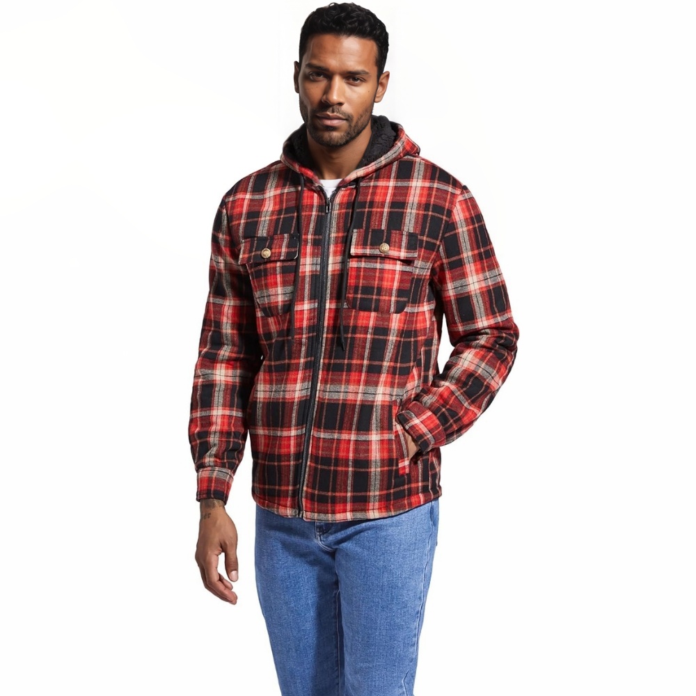 Men's Flannel Plaid Hooded Jackets Sherpa Fleece Lined Hoodies Fashion Warm Coat
