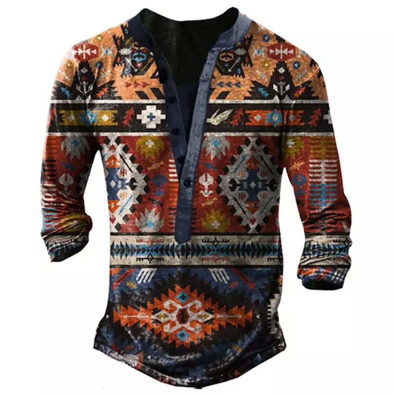 Men's Ethnic Print Henley Collar T-shirt