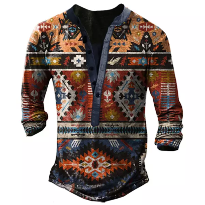 Men's Ethnic Print Henley Collar T-shirt