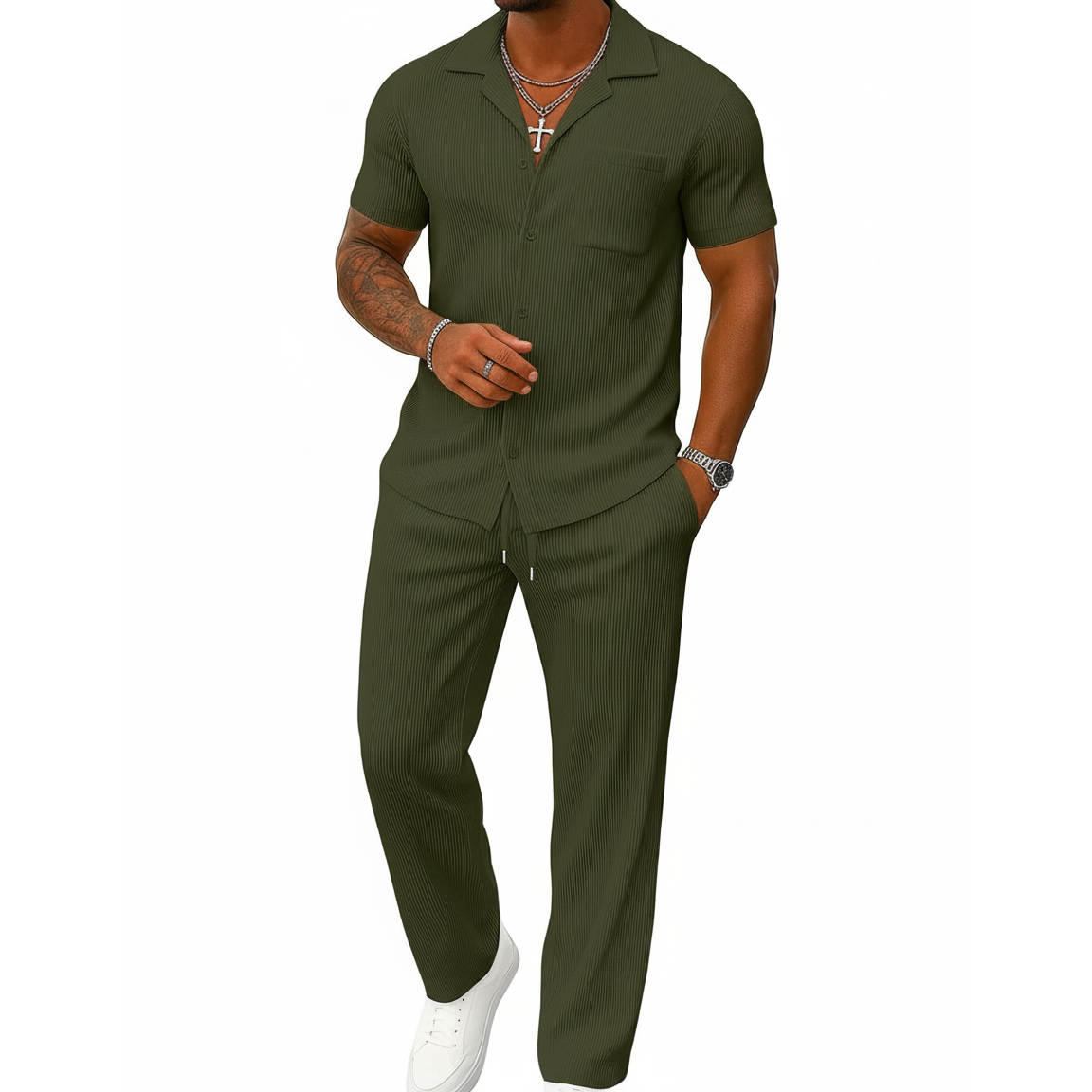 Casual Summer Short Sleeve Shirt With Pant Set For Men