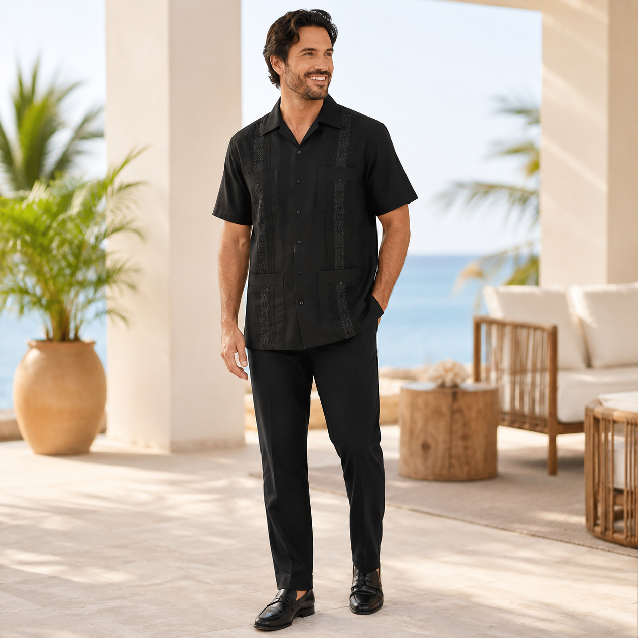 Short Sleeve Guayabera Shirt With Cuban Design For Men