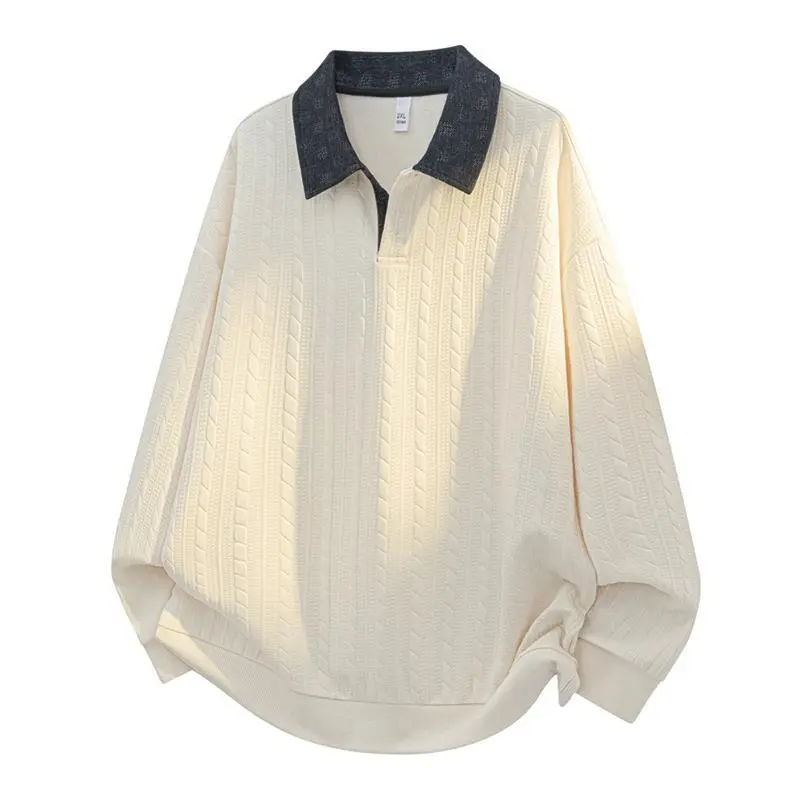 Pack of 2 Cable Knit Long Sleeve Polo Pullover T Shirt with Contrast Collar for Men