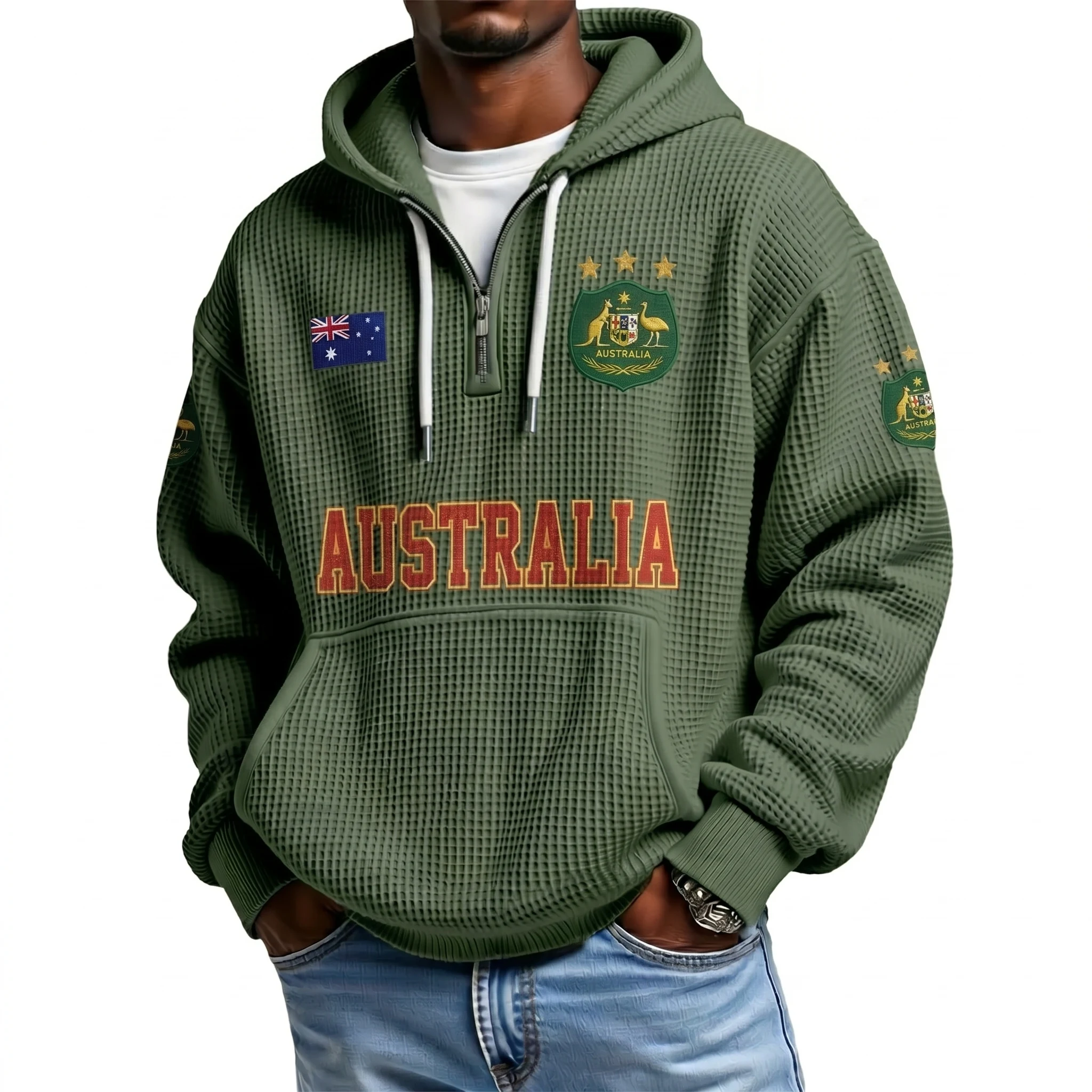 Australia Printed Waffle Quarter Zip Football Fan Hoodie