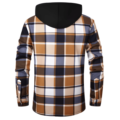 Thermal Lined Fleece Jacket With Hood And Plaid Design For Men