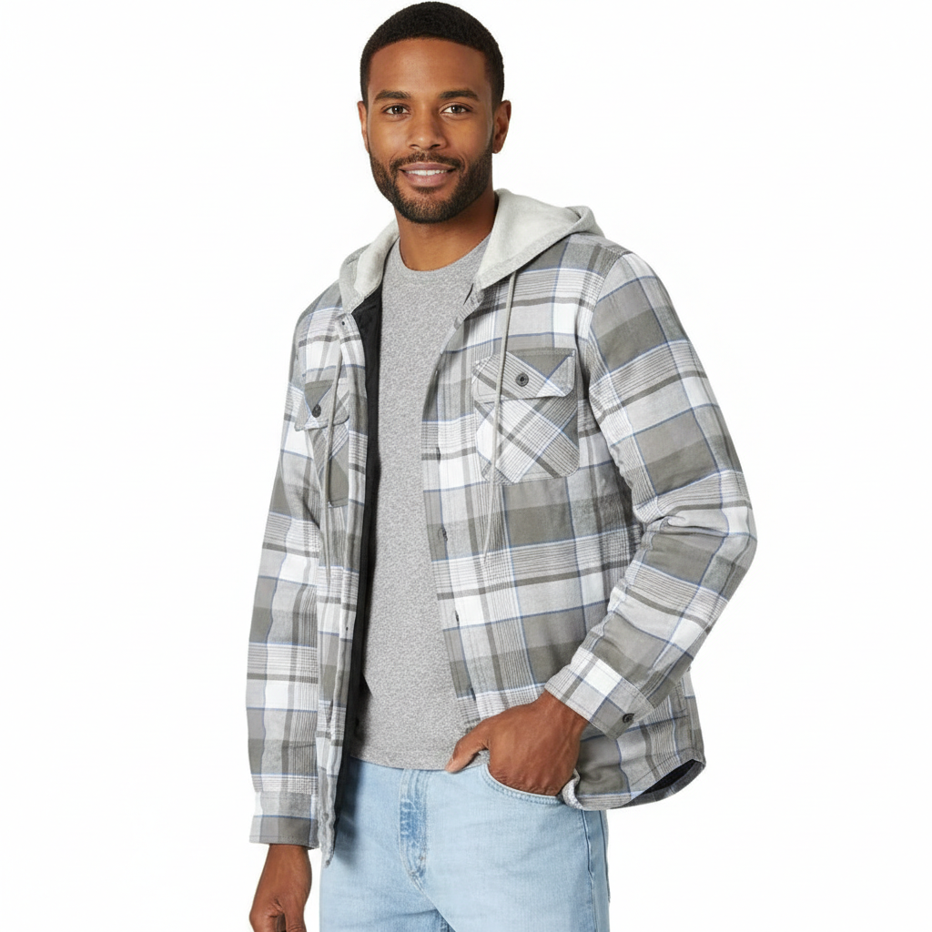 Men's Long Sleeve Quilted Lined Flannel Shirt Jacket with Hood