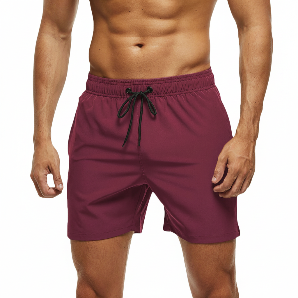 Solid Polyester Swim Trunks With Zip Pocket Drawstring 