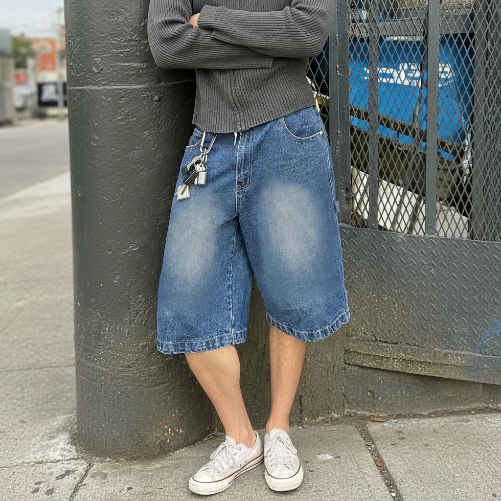Emo Style Loose Fit Denim Bermuda Shorts For Men