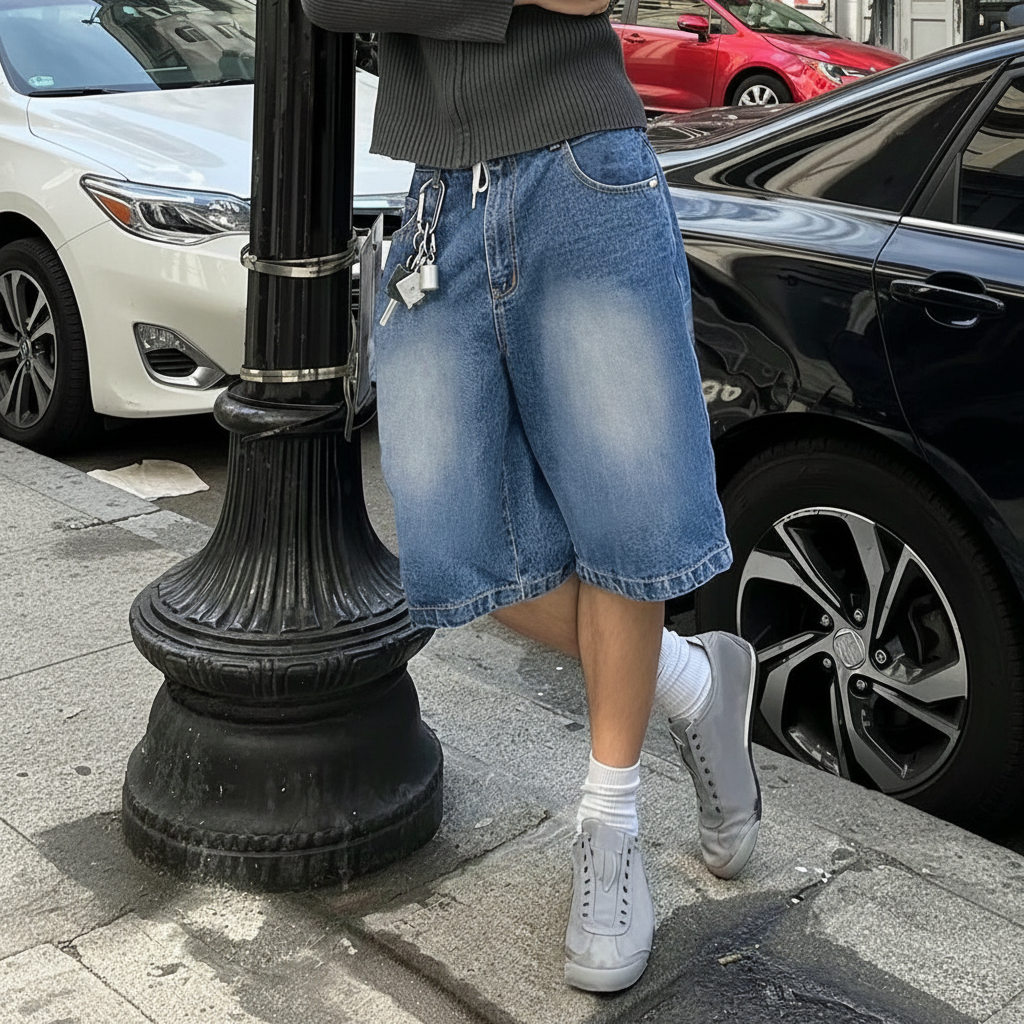 Emo Style Loose Fit Denim Bermuda Shorts For Men