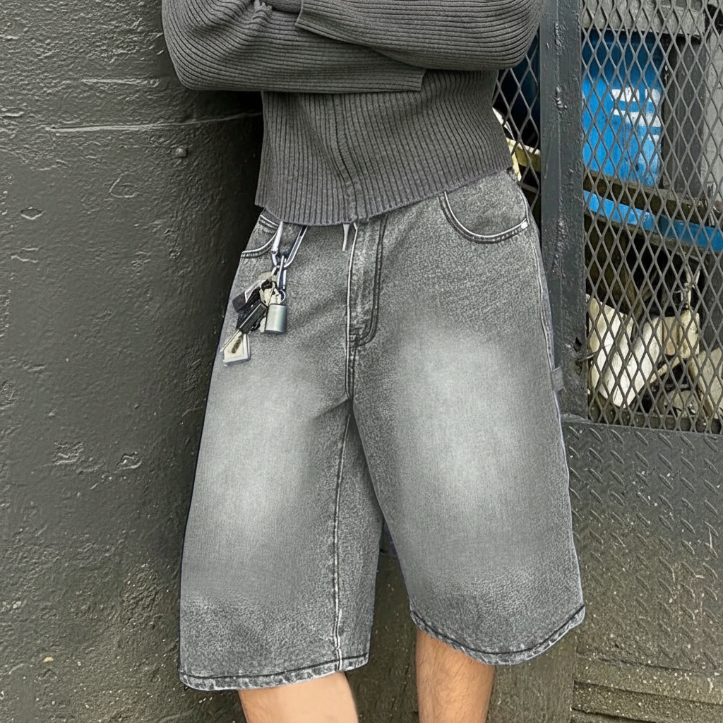 Emo Style Loose Fit Denim Bermuda Shorts For Men