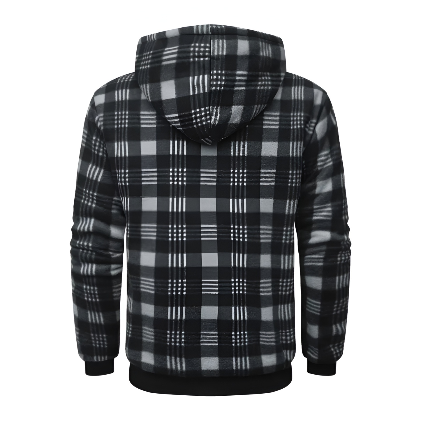 Full Zip Hooded Jacket for Men with Sherpa Lining and Plaid Design